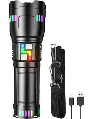 PeakStar PS-2003 Ultra Parlak Su Geçirmez Zoomlu Güçlü 200w 30000 Lümen Şarjlı Bekçi Avcı Kamp El Feneri